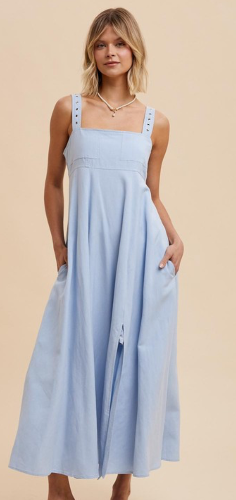 powder blue linen blend maxi dress