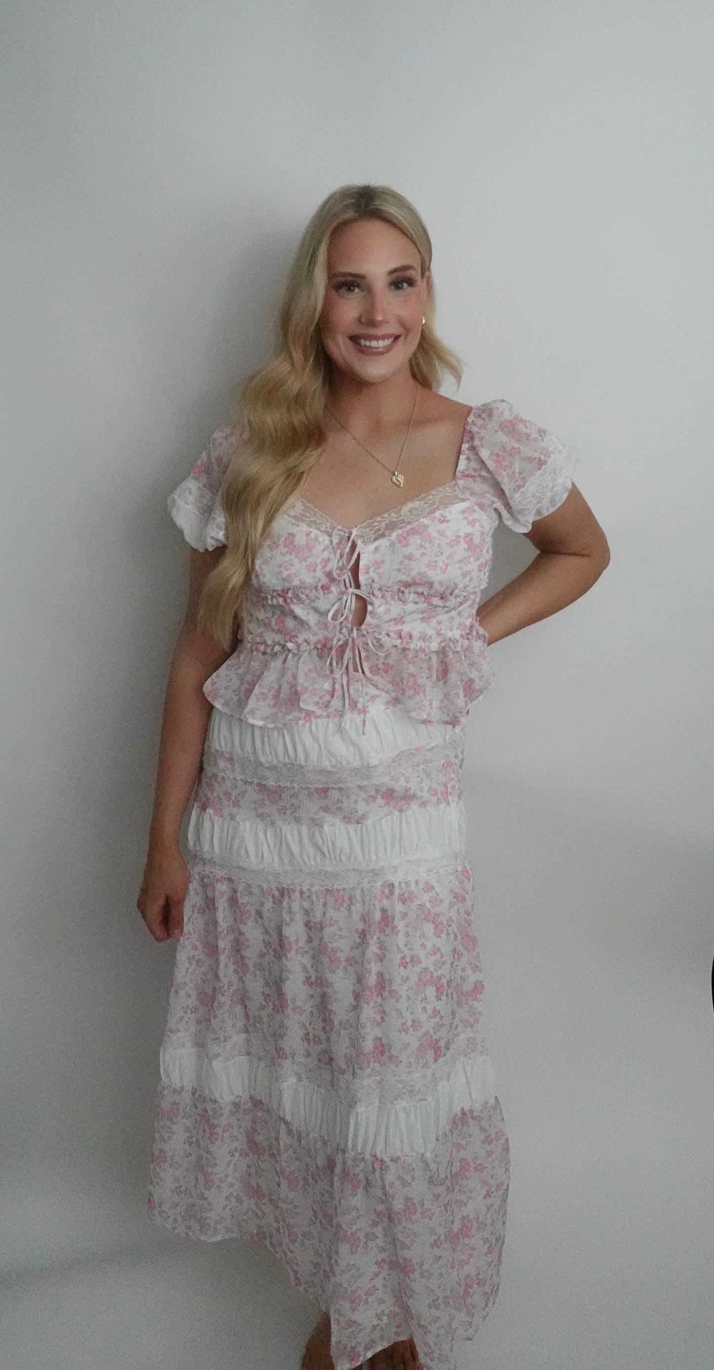 pink floral lace top with tie front