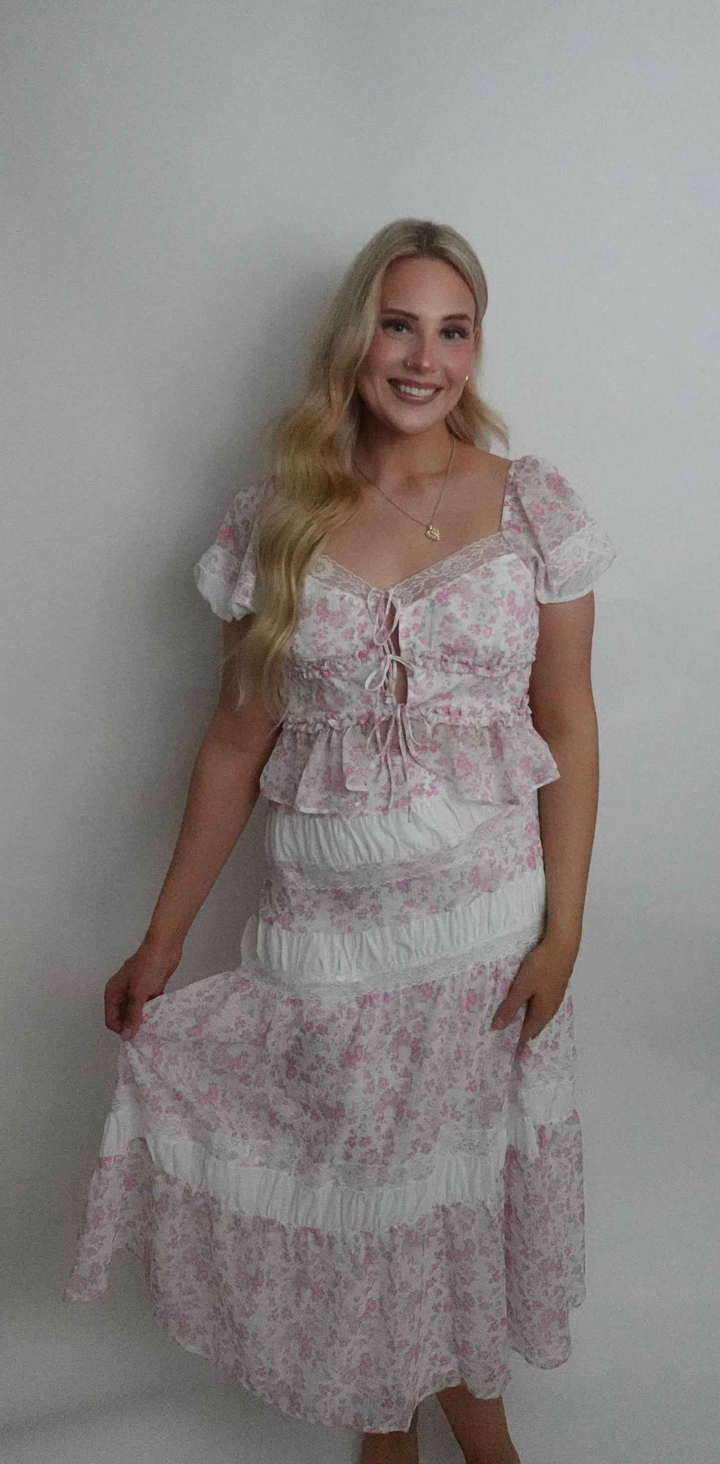 pink floral lace maxi skirt