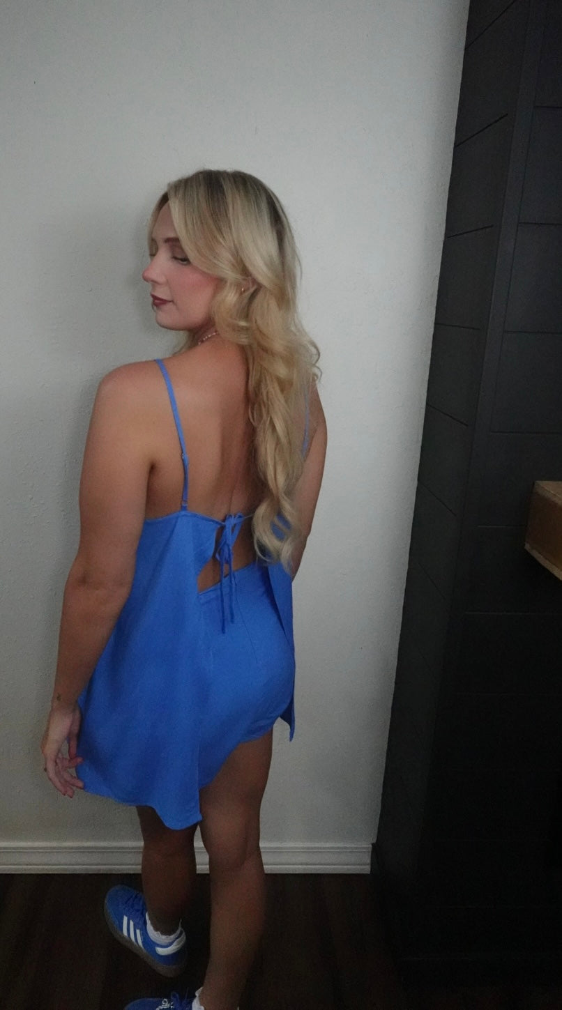 blue spaghetti strap romper