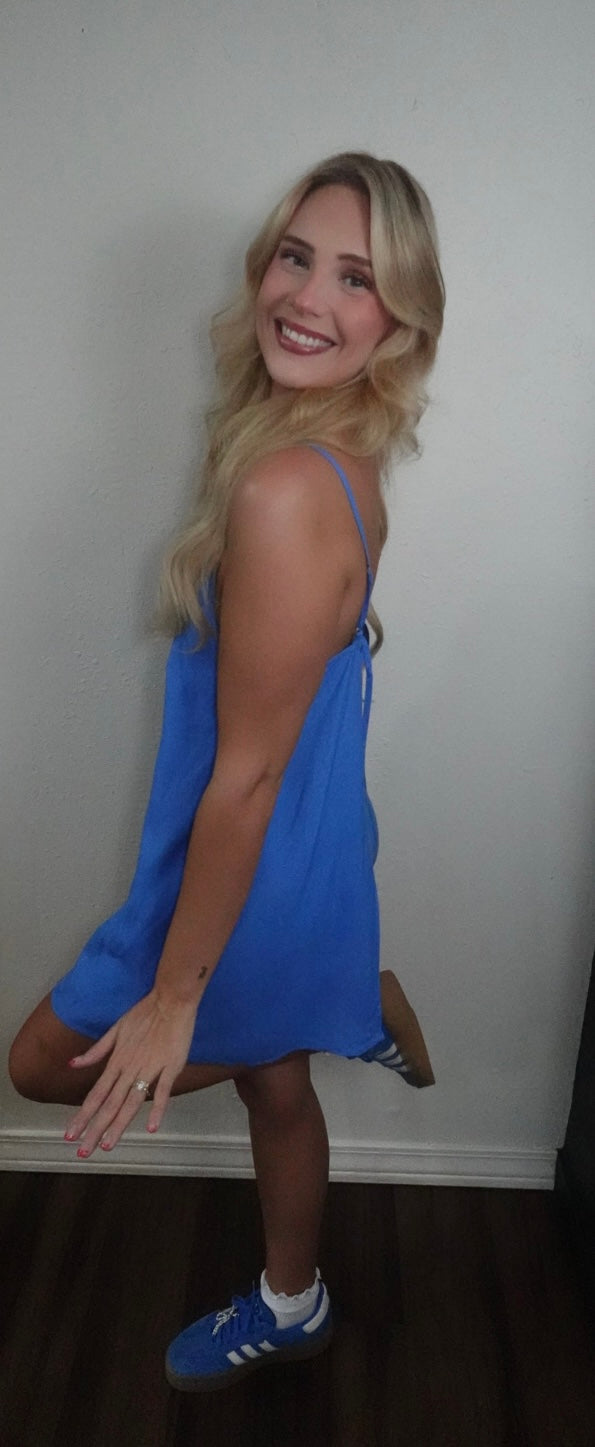 blue spaghetti strap romper