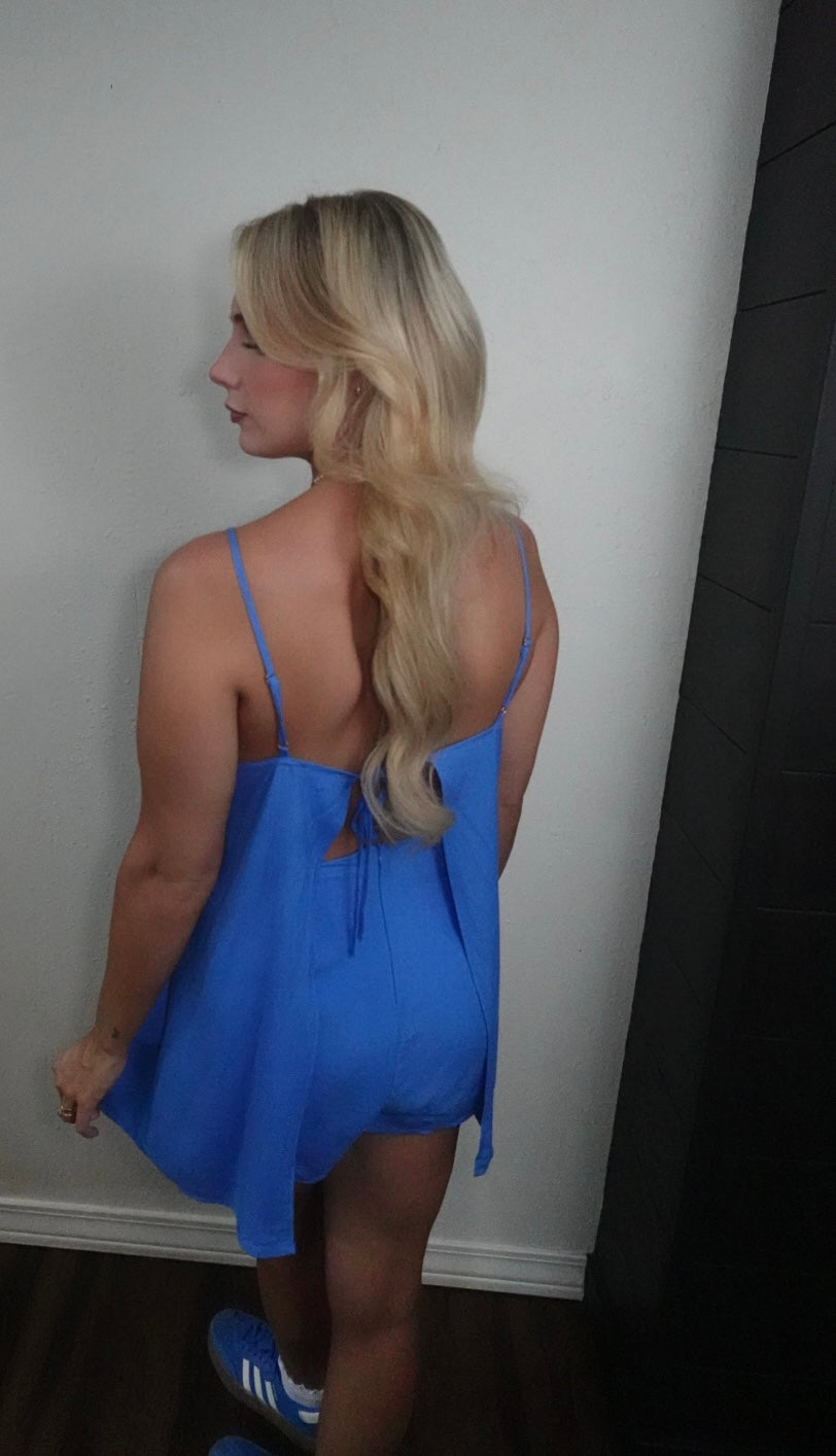 blue spaghetti strap romper