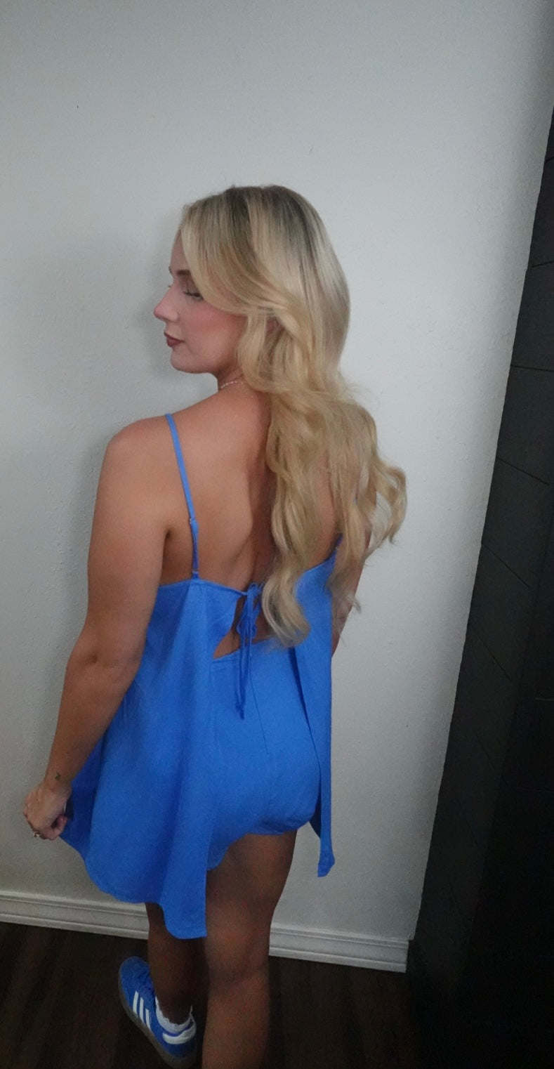 blue spaghetti strap romper