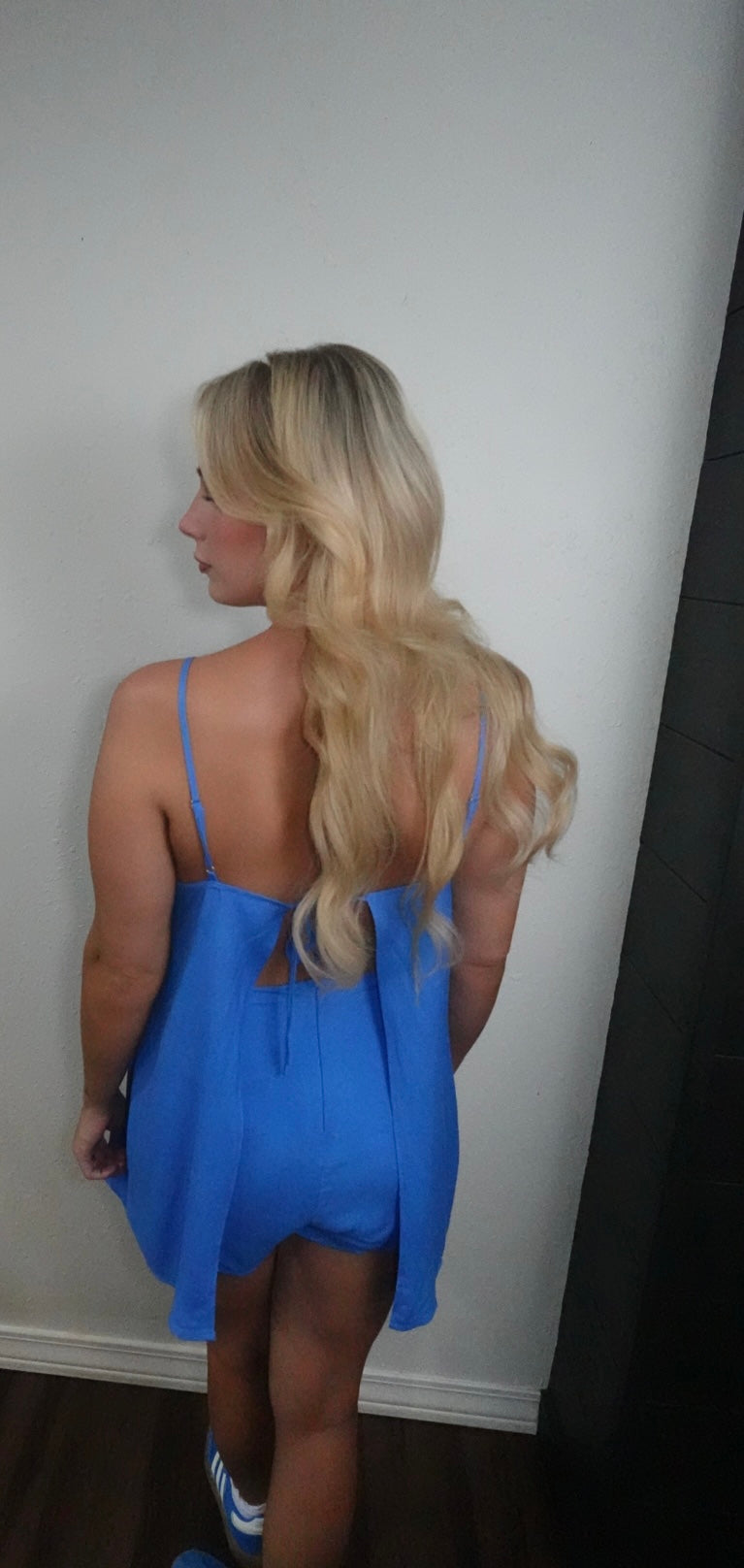 blue spaghetti strap romper