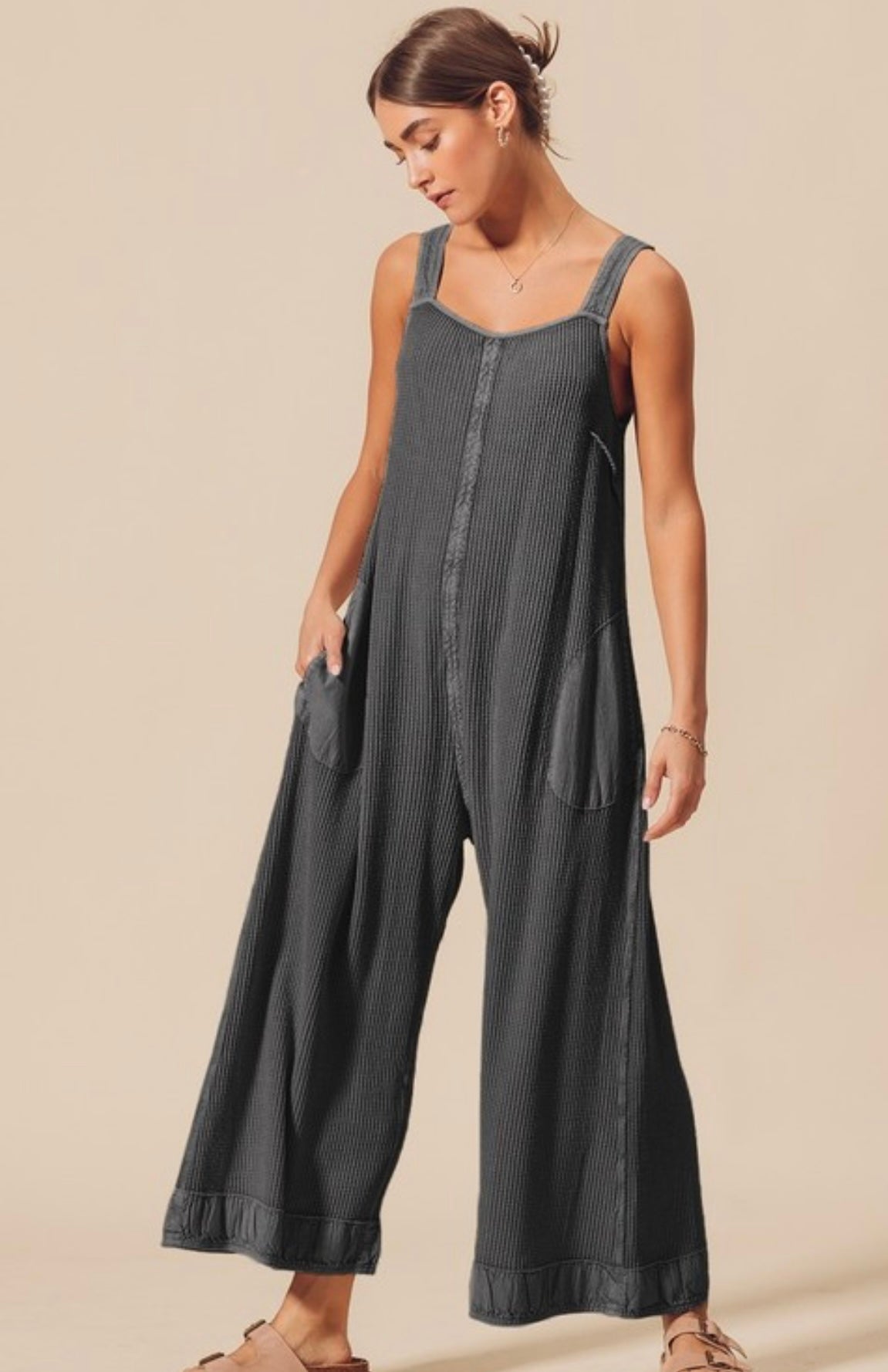 washed charcoal waffle knit romper with adjustable back