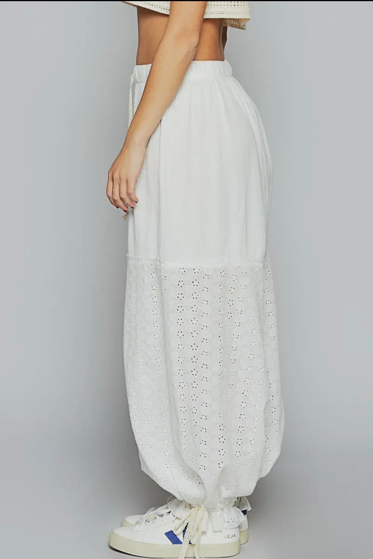 white eyelet gauze joggers