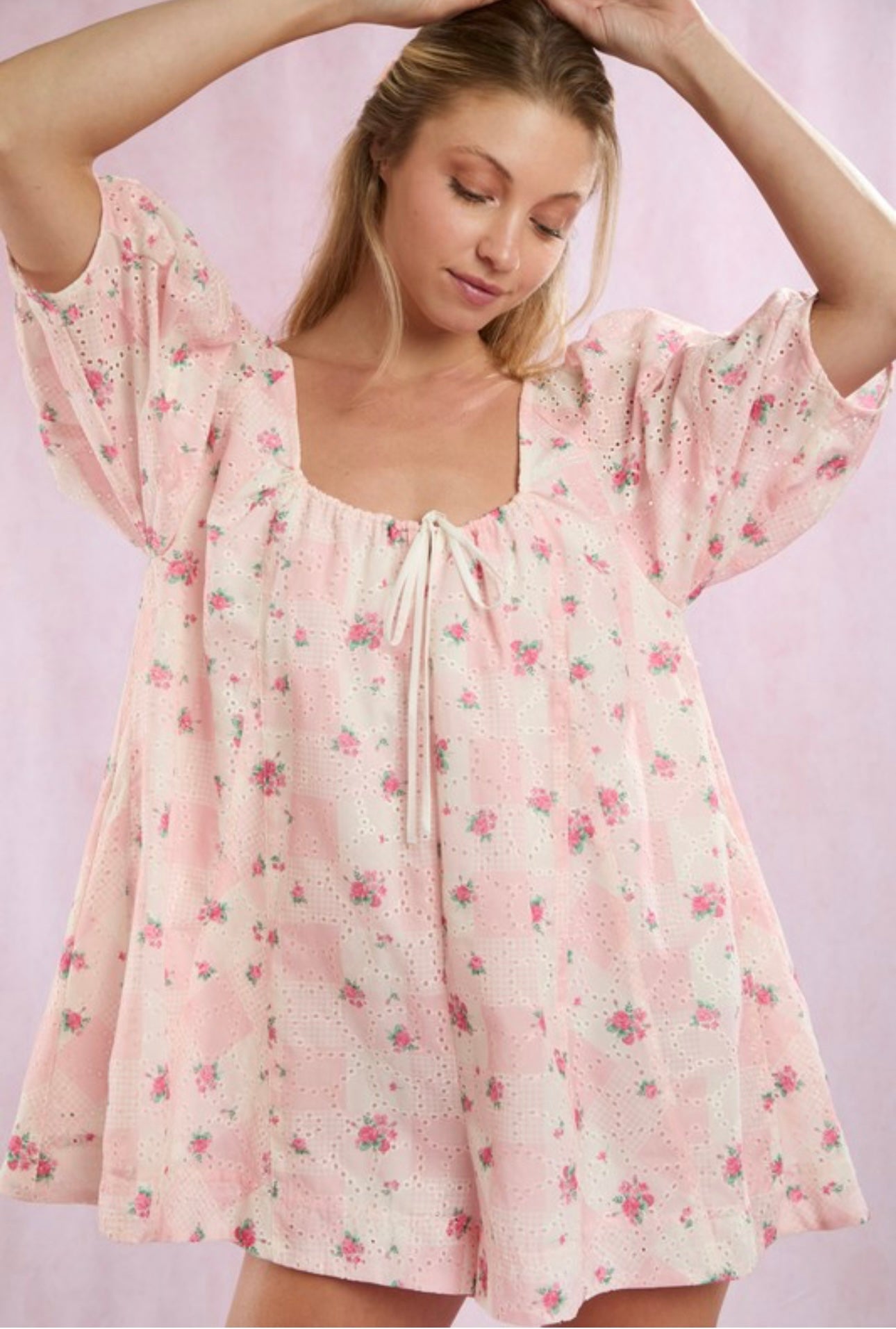 pink gingham floral romper