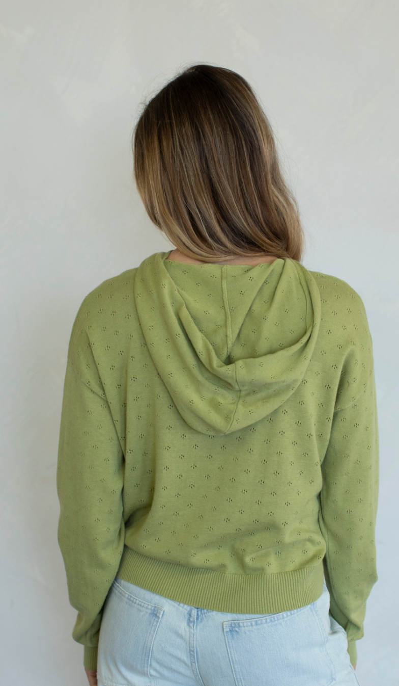 matcha eyelet cardigan with hood