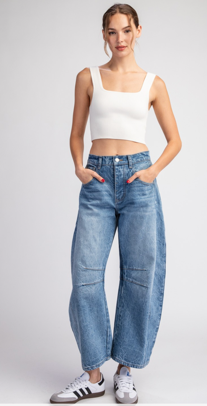 medium wash barrel jean