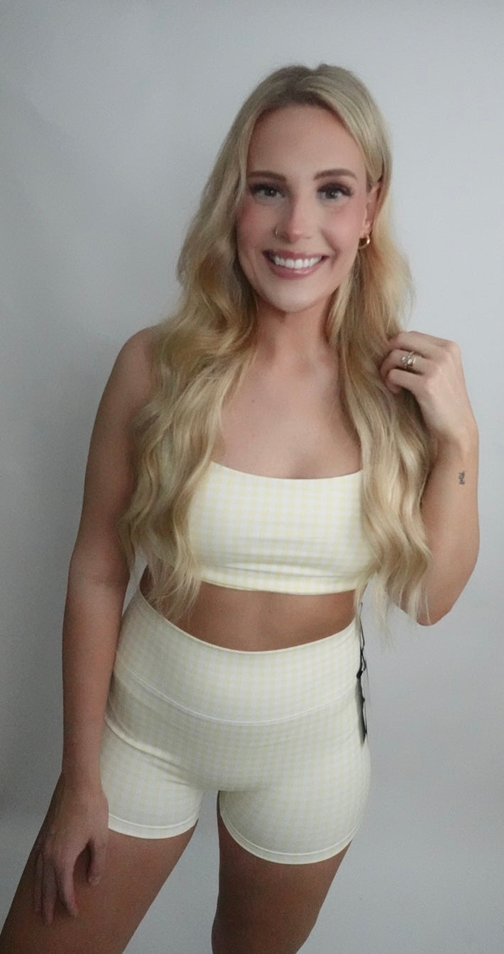 lemon gingham mid rise biker short