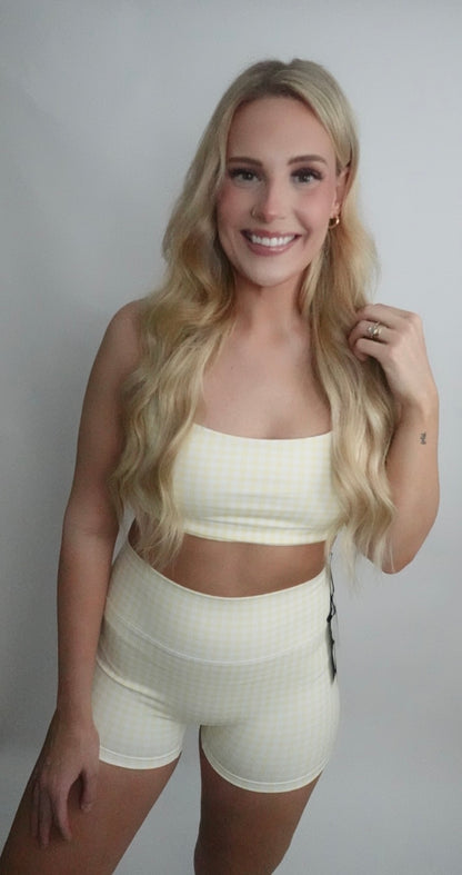 lemon gingham mid rise biker short