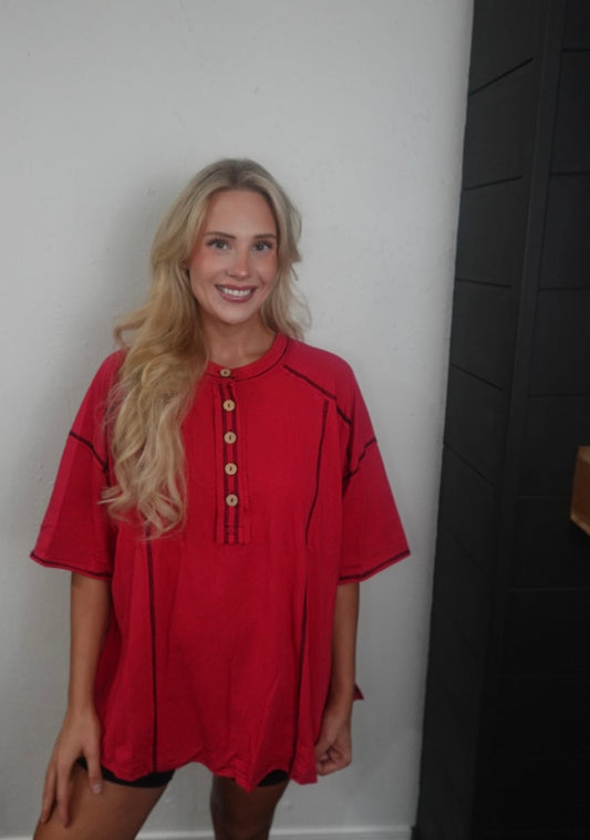 red oversized henley