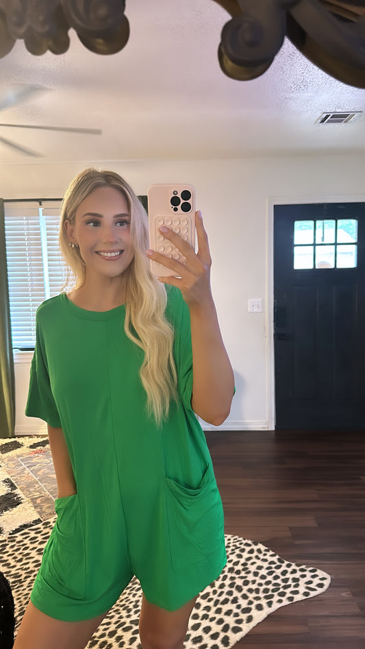 kelly green romper with v-neck back