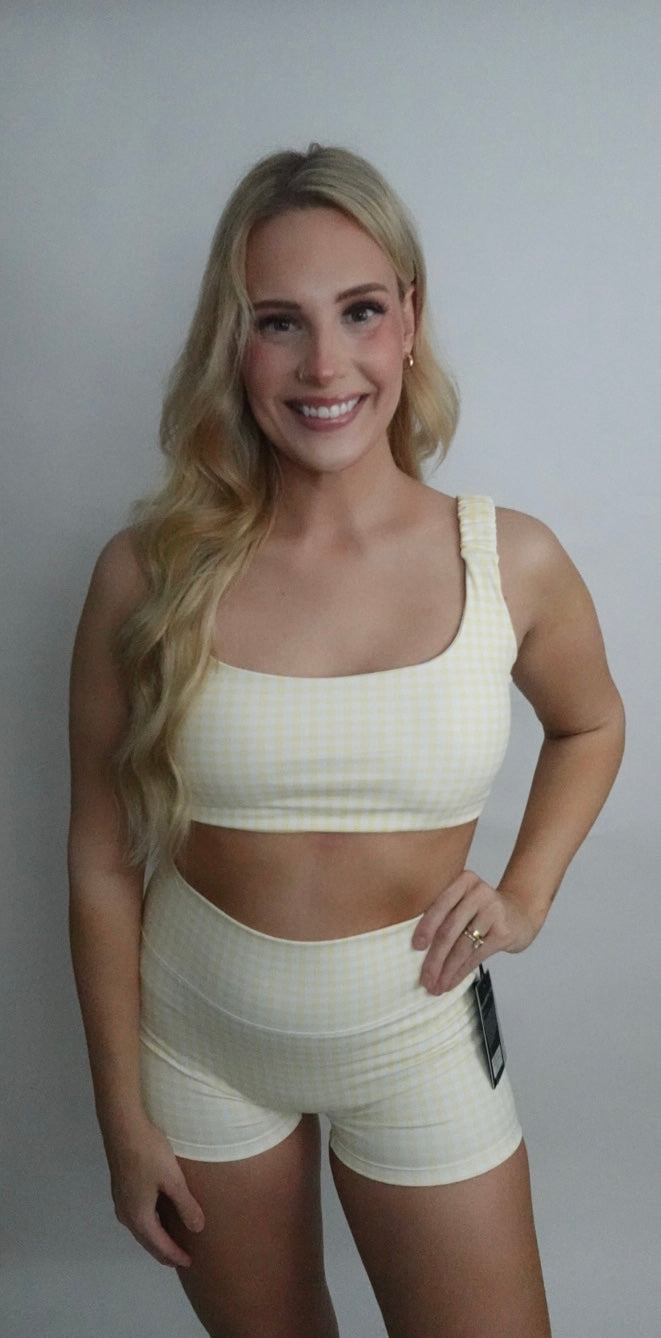 lemon gingham mid rise biker short