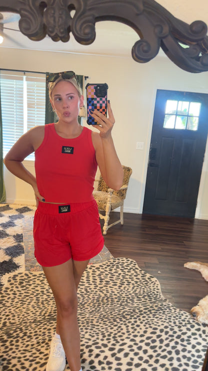 cherry red active shorts