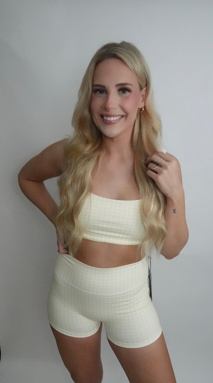 lemon gingham mid rise biker short