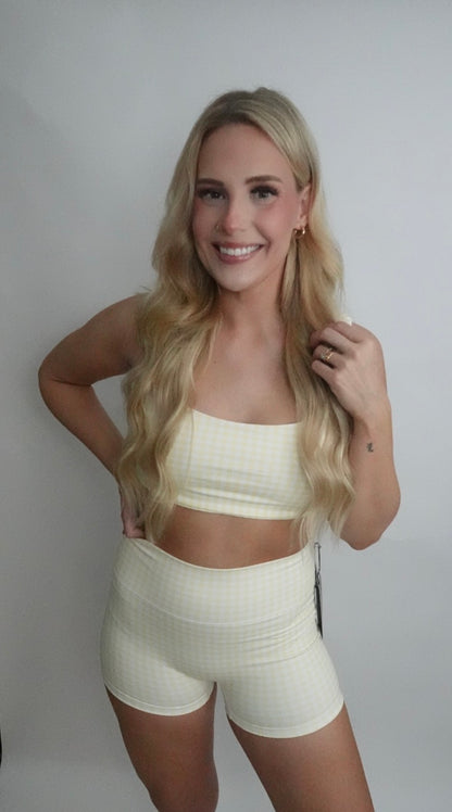 lemon gingham mid rise biker short
