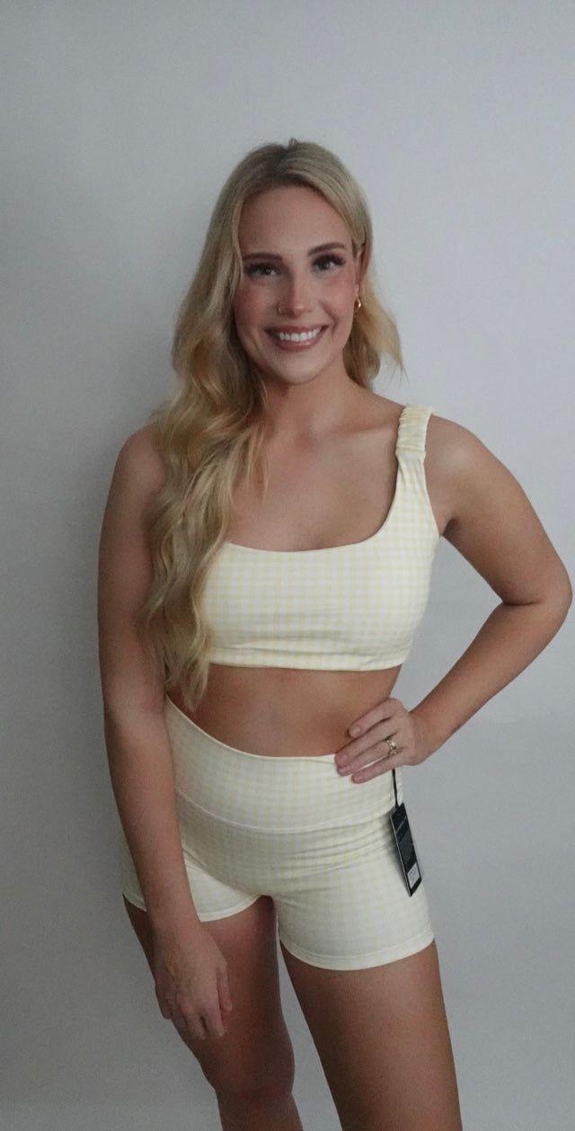 lemon gingham mid rise biker short