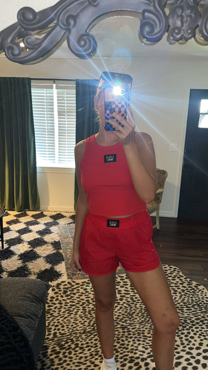 cherry red active shorts