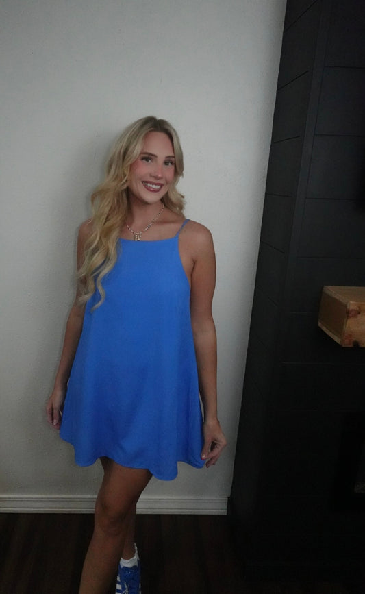 blue spaghetti strap romper