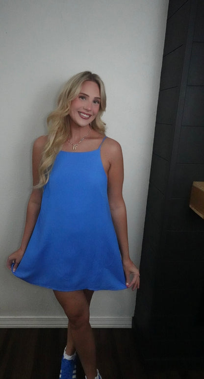 blue spaghetti strap romper