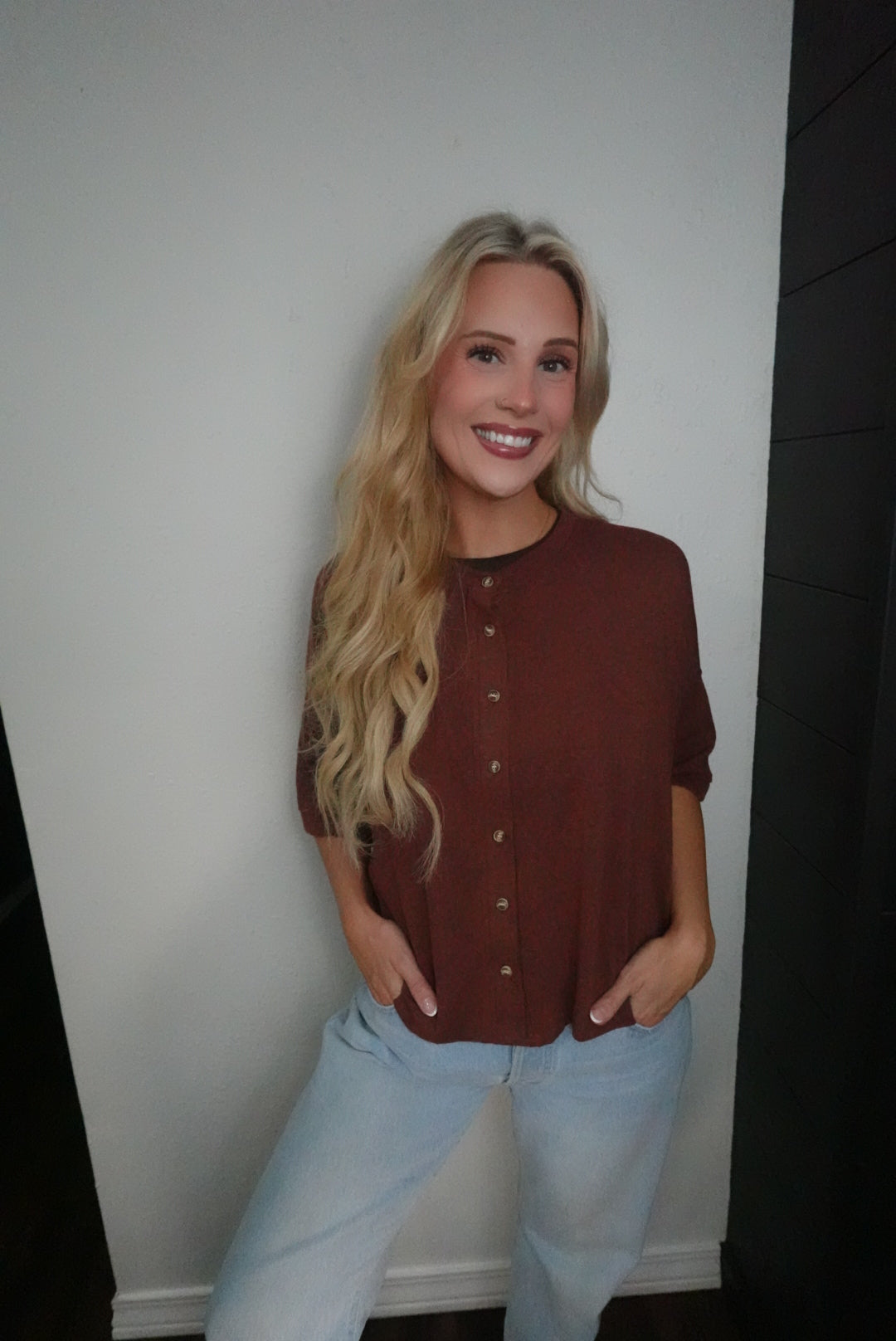 light brown button up top