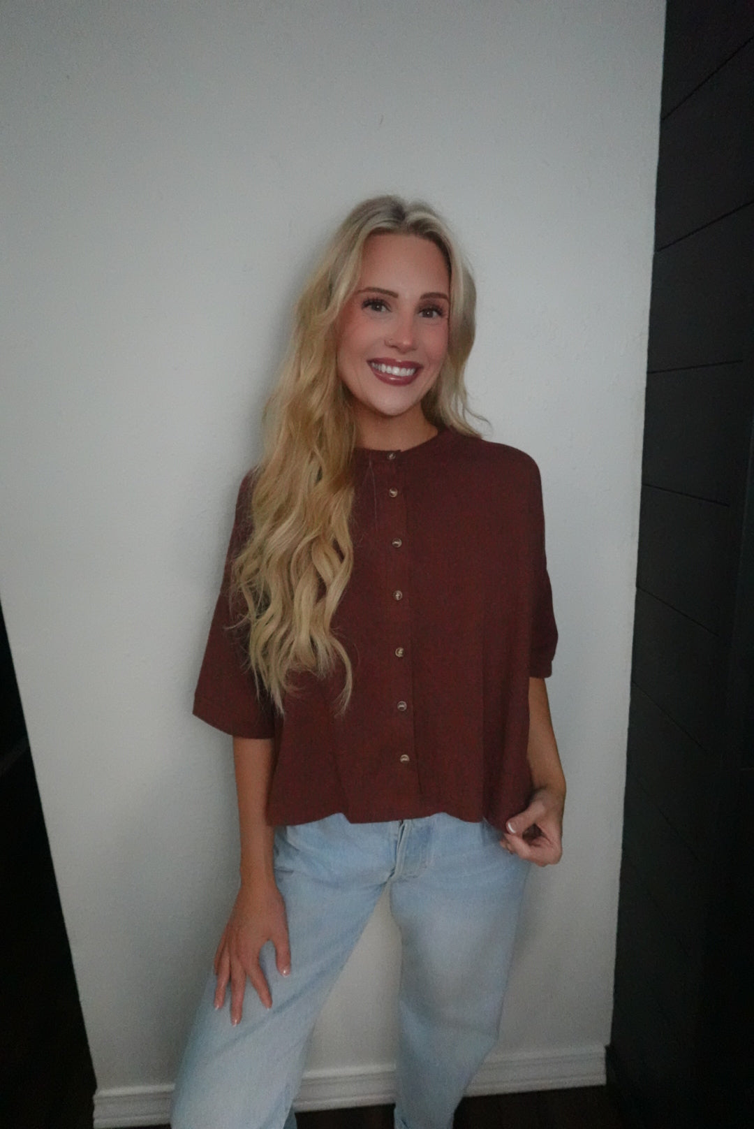 light brown button up top