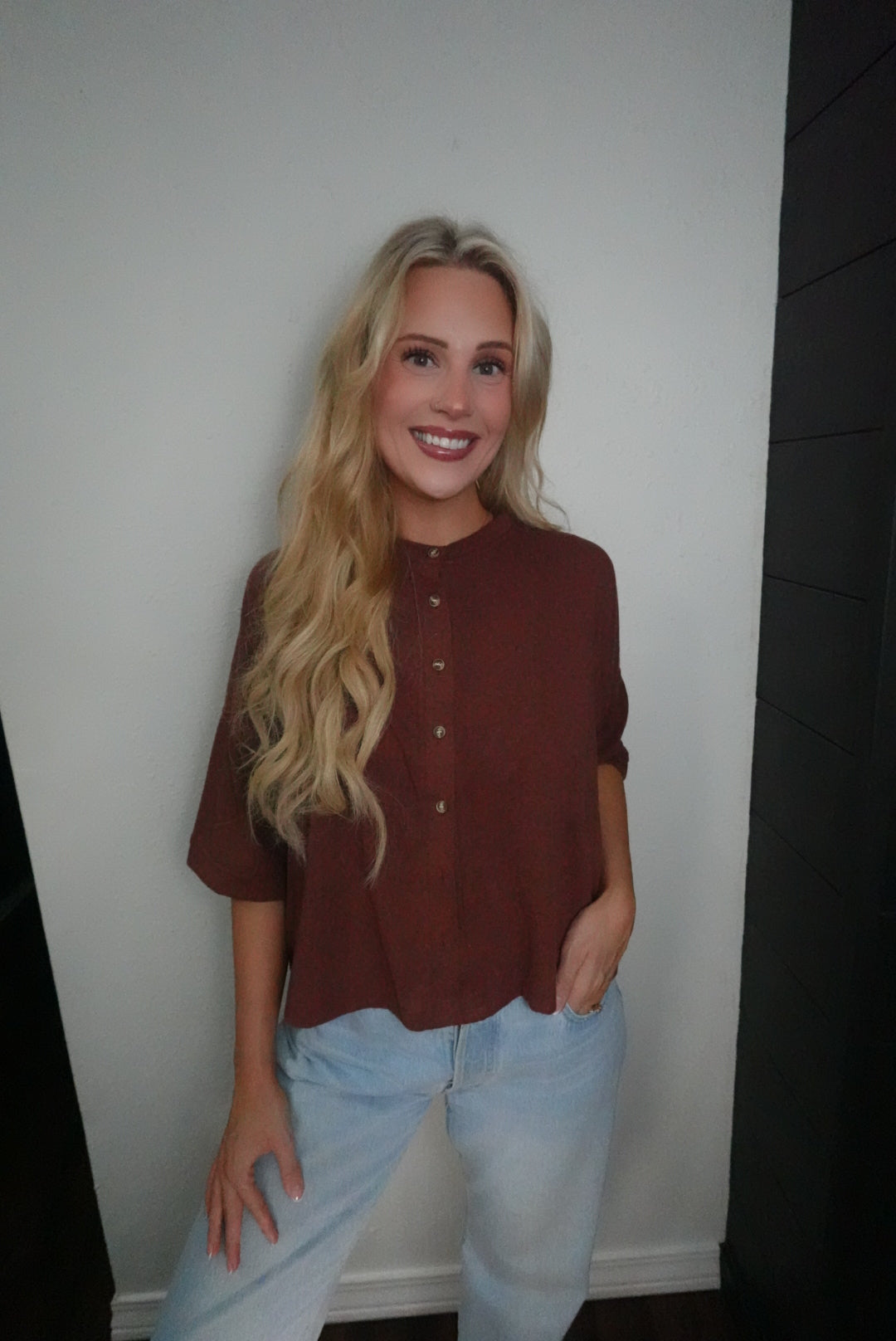 light brown button up top