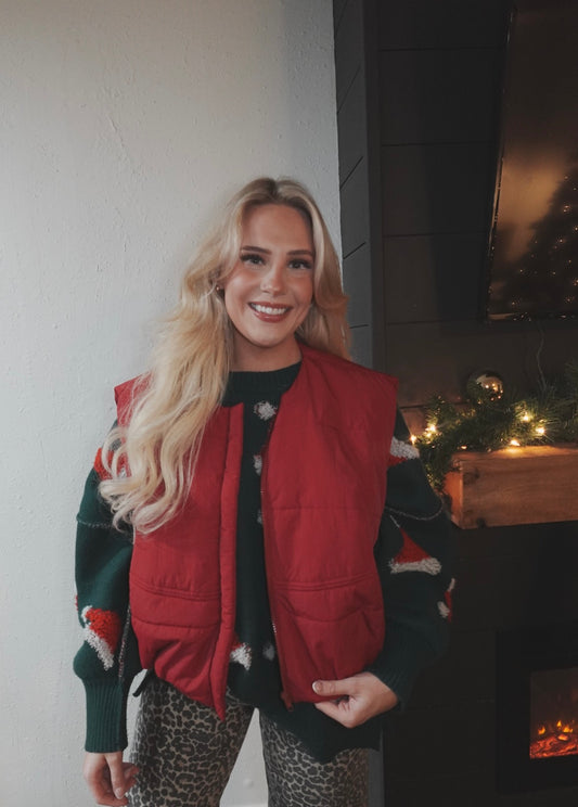 red puffer vest
