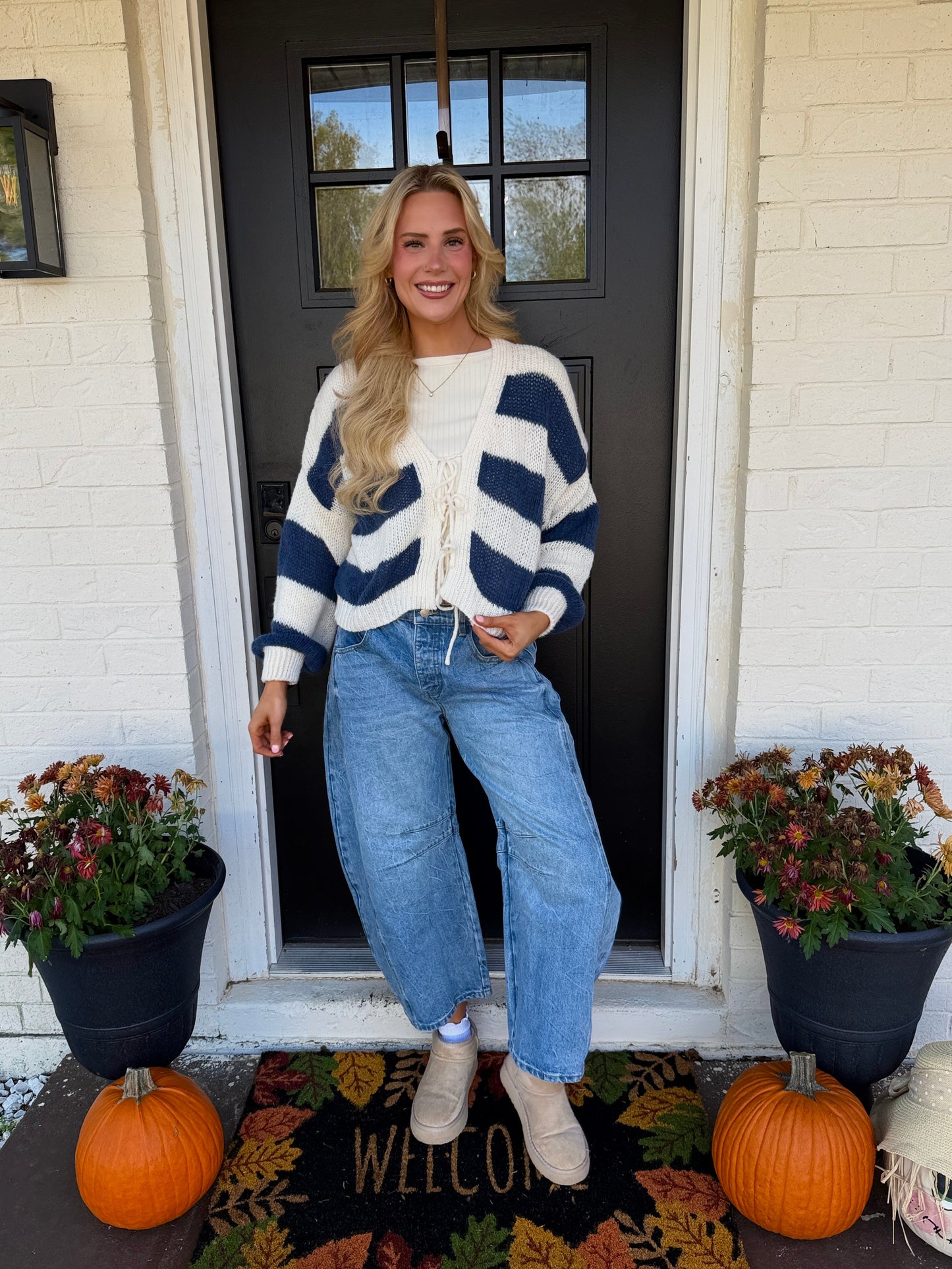 navy stripe sweater with front tie detail