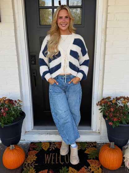 navy stripe sweater with front tie detail