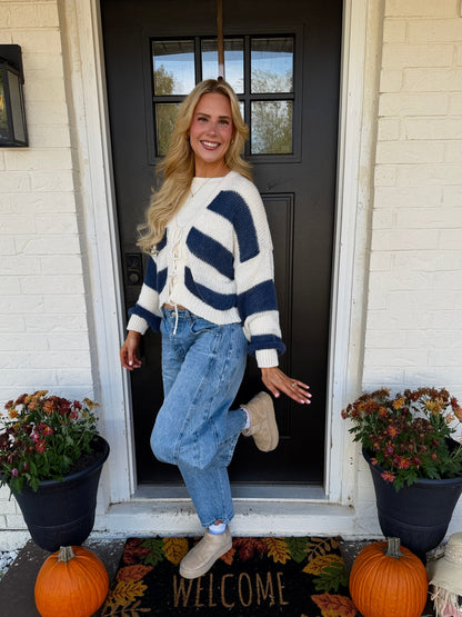 navy stripe sweater with front tie detail