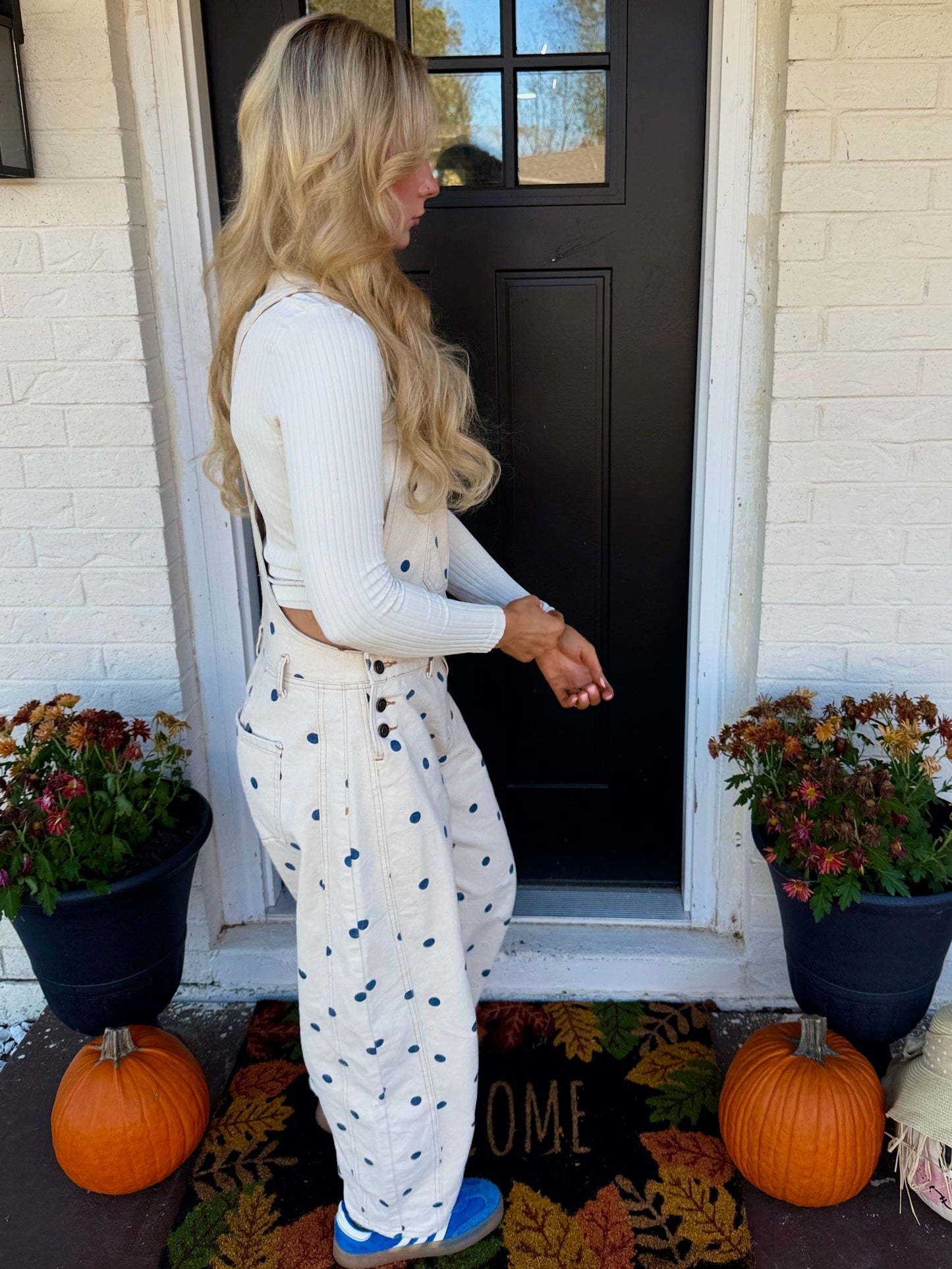 polka dot barrel overalls