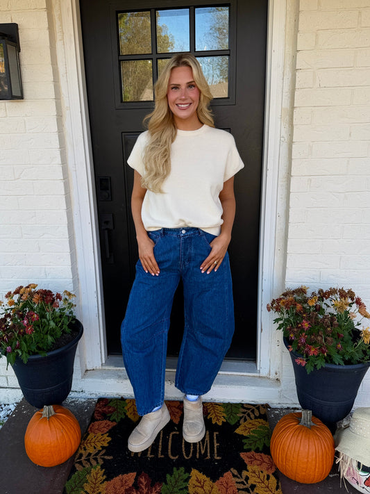 dark denim barrel jean