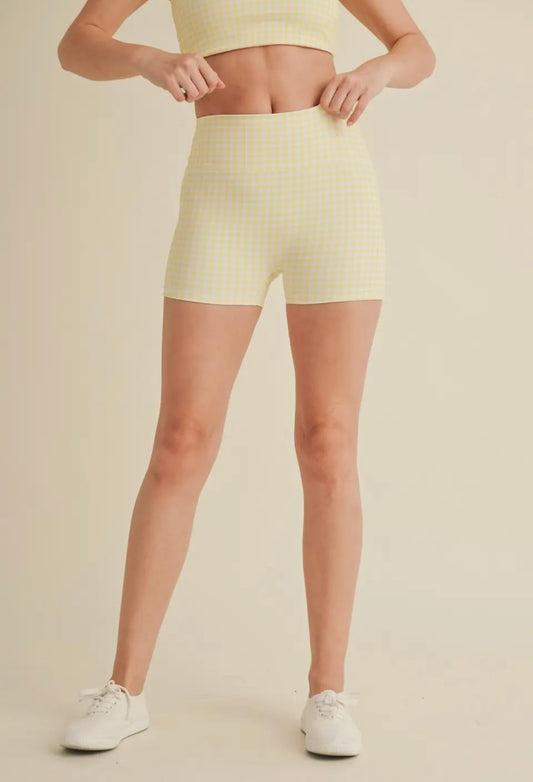 lemon gingham mid rise biker short