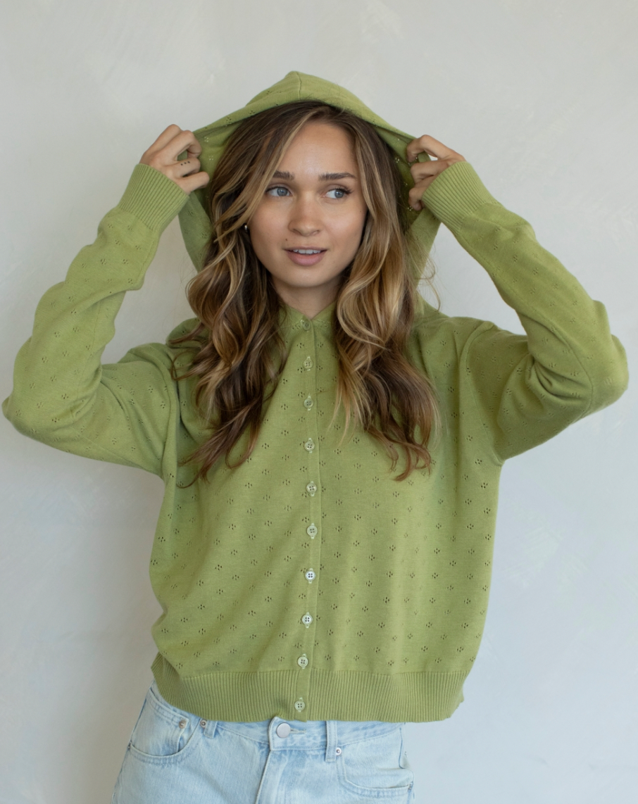 matcha eyelet cardigan with hood