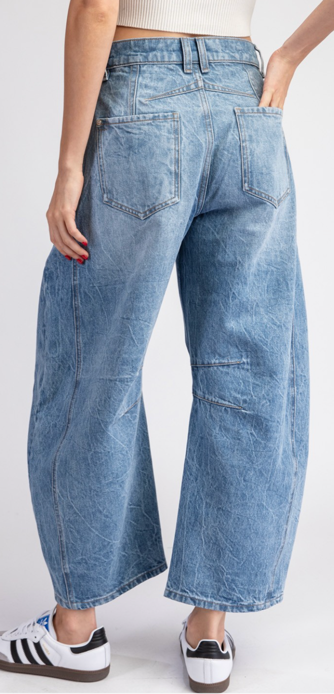 medium wash barrel jean