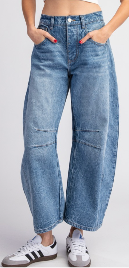 medium wash barrel jean